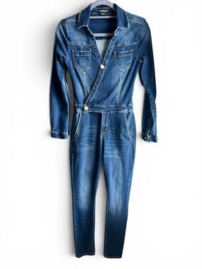 bebe Stretch-Denim V-Neck Jumpsuit, Size 26 (Approx. Size 2 - 4)